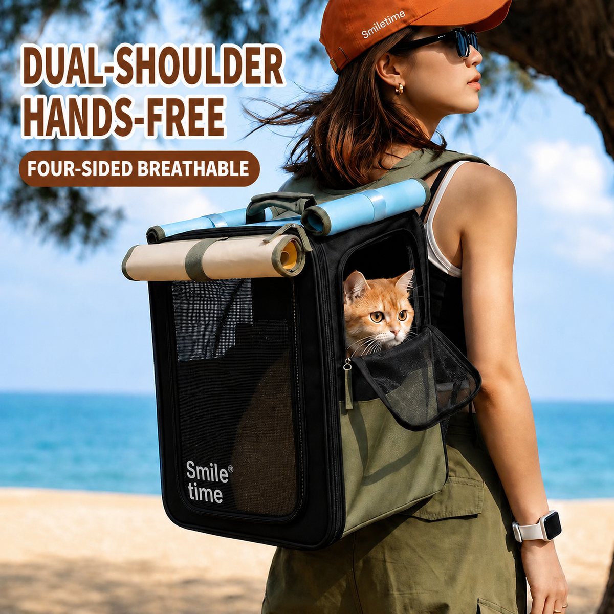 Smile Time Premium Cat Carrier Backpack for Cats & Small Dogs | Lightweight Foldable Pet Travel Bag with Breathable Mesh