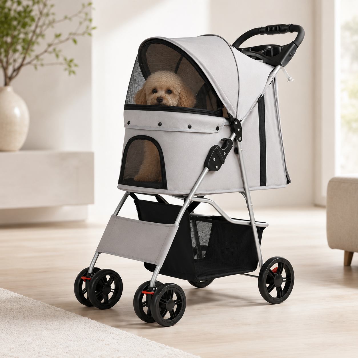 Luxury Foldable Pet Stroller for Cats & Small Dogs | Lightweight Travel Carrier with Breathable Mesh, Storage Basket & Safety Harness
