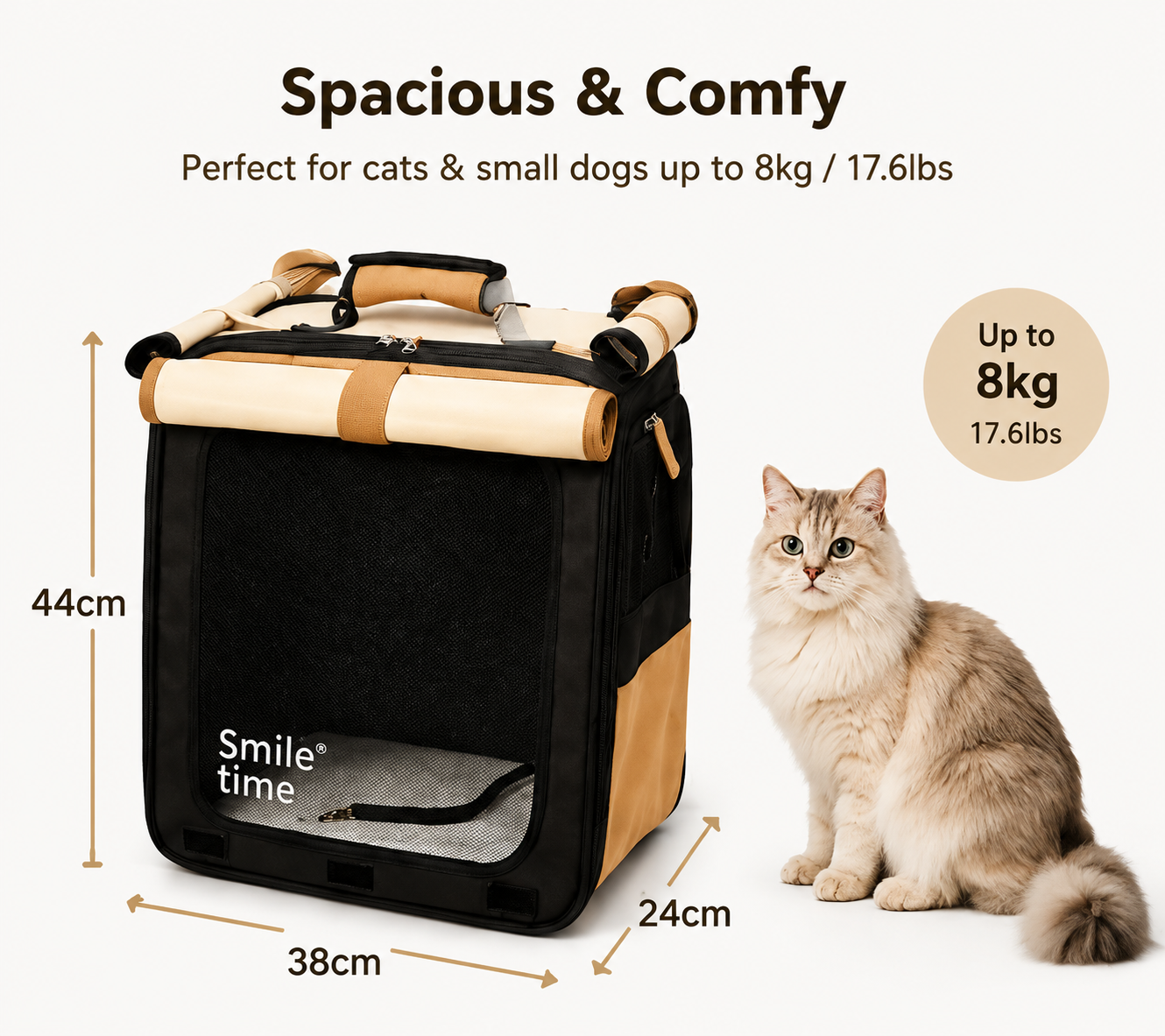 Smile Time Premium Cat Carrier Backpack for Cats & Small Dogs | Lightweight Foldable Pet Travel Bag with Breathable Mesh