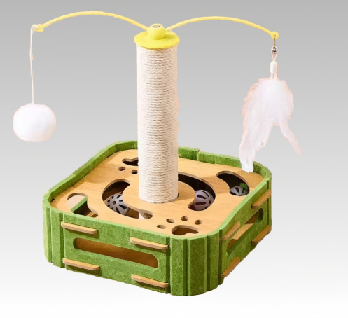Interactive cat teaser toy with sisal scratching post and puzzle box