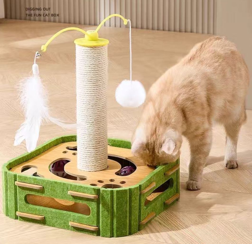 Interactive Cat Teaser Toy with Scratching Post | Fun Puzzle Play Box for Indoor Cats, Durable Sisal Scratcher & Paw Activity Center