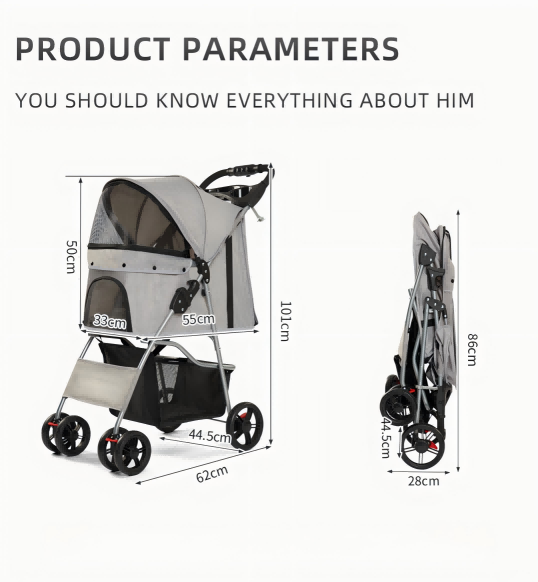Luxury Foldable Pet Stroller for Cats & Small Dogs | Lightweight Travel Carrier with Breathable Mesh, Storage Basket & Safety Harness